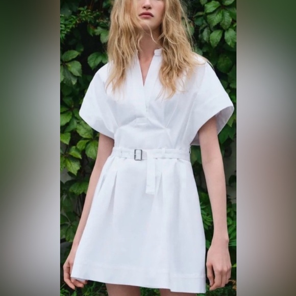 Zara Dresses & Skirts - ZARA White Belted Mini Dress Pleated Short Sleeve Size S